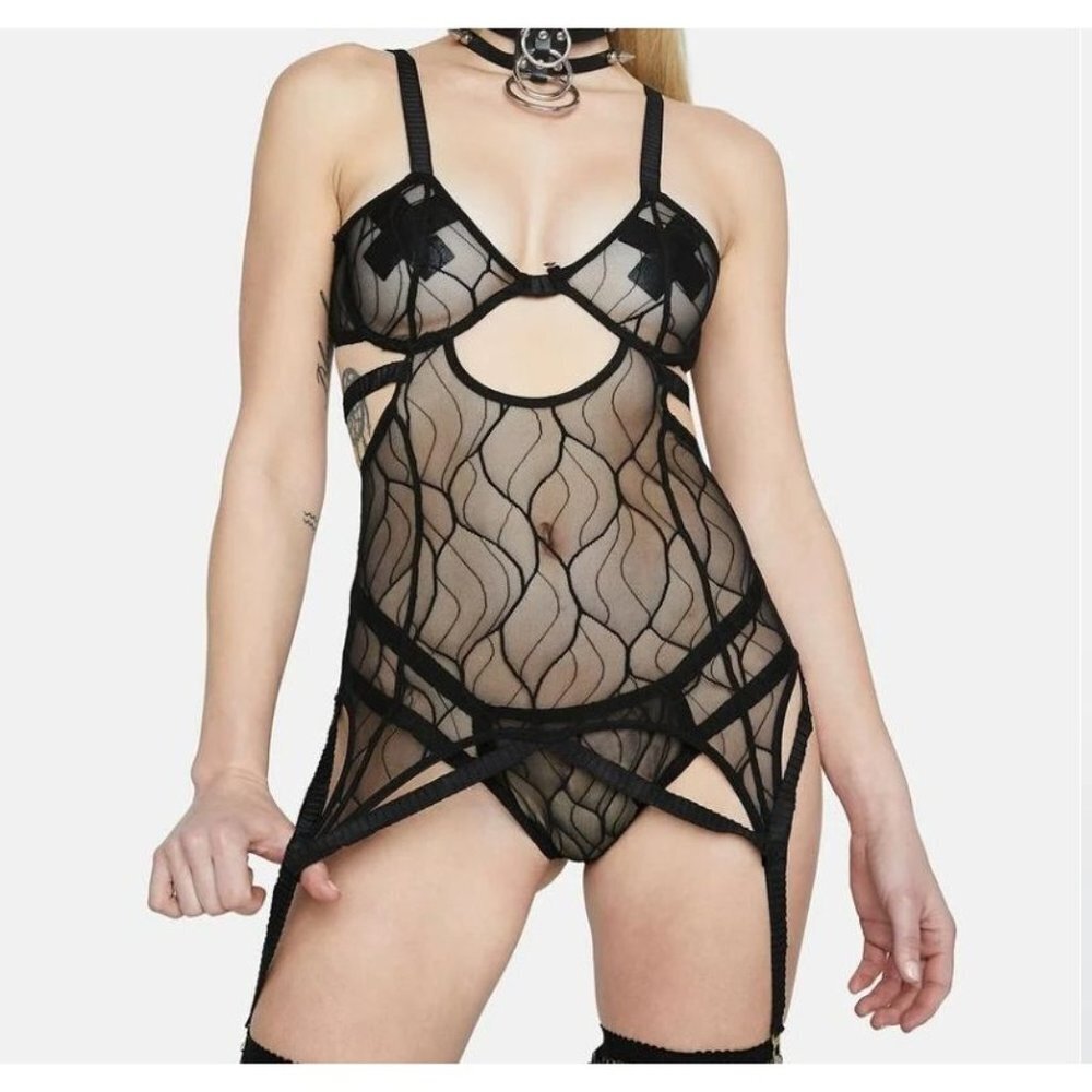 Forplay ✦ See Me Now Bustier Set ✦ Wave Mesh Lace Garters Satin Trim Thong S NWT